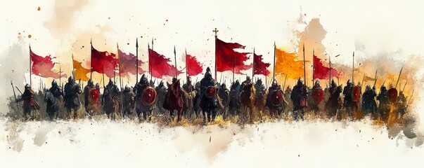 A watercolor painting depicting a row of medieval warriors with shields and flags, evoking a sense of historical battle formation and bravery.