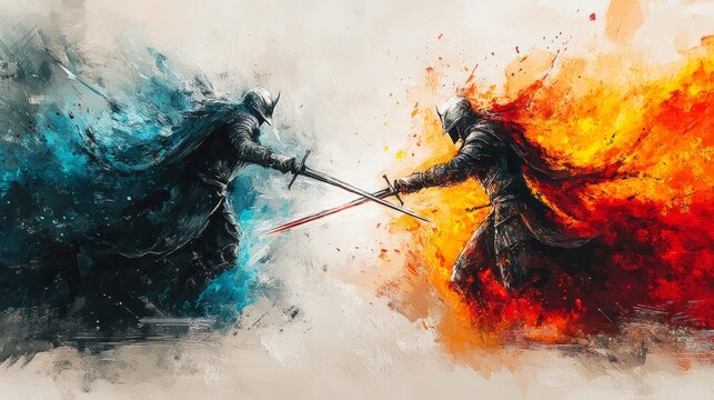 Abstract digital art of two warriors in a dramatic sword battle, one engulfed in flames, the other in ice, representing fire and ice.