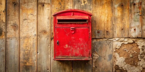 Vintage red mailbox with bird on weathered wall