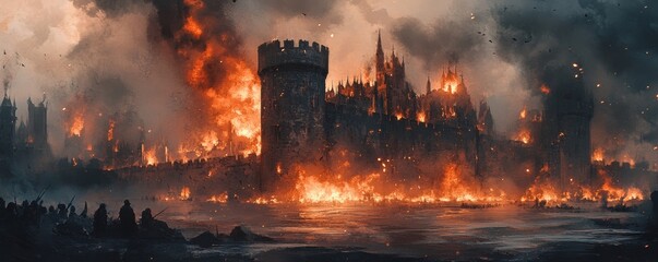 Dramatic medieval castle engulfed in flames and smoke during a fierce battle at sunset, with silhouettes of people in the foreground.