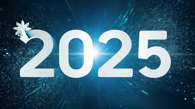 Metallic numbers exploding with light beams and particles, celebrating the arrival of 2025. Perfect futuristic image for new year's eve