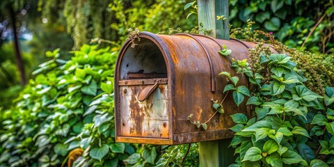Old, weathered single mailbox covered in rust and surrounded by overgrown plants
