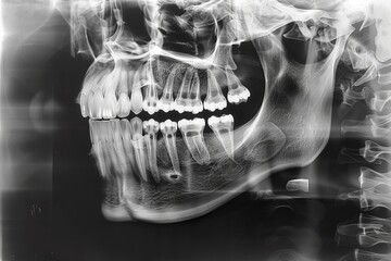 A detailed image of a dental X-ray displayed on a lightbox, showing the structure of teeth and jaw, in a clinical setting