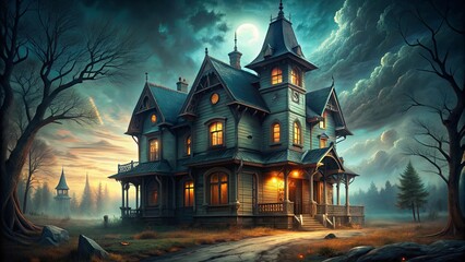 Fototapeta premium Spooky haunted house with eerie lighting and mysterious atmosphere