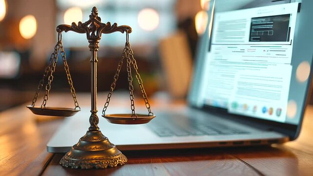 A digital legal scale on a laptop screen, representing corporate regulations and compliance for online trade licenses