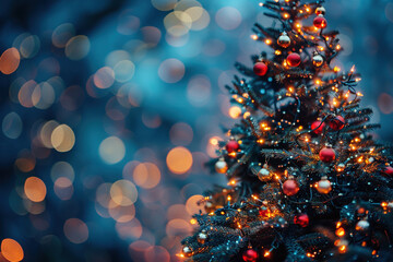 Decorated Christmas Tree With Lights and Ornaments Against a Blue Bokeh Background