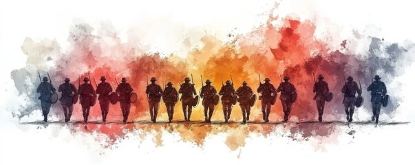 Vibrant watercolor painting of soldiers marching in silhouette, evoking themes of unity, strength, and determination.
