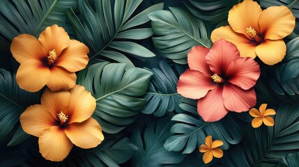 Floral pattern with tropical flowers and leaves