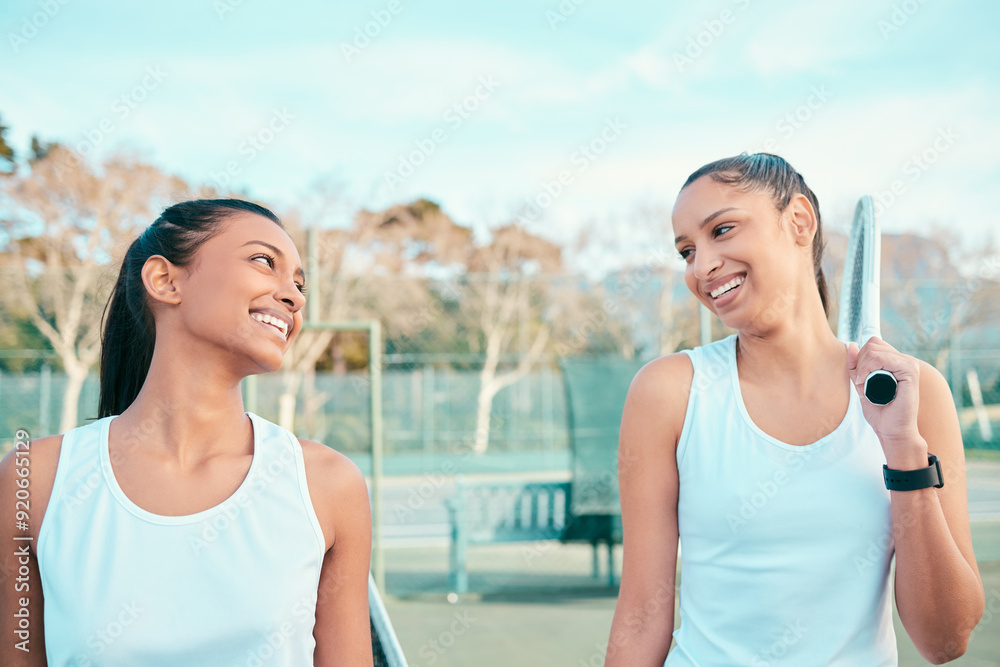 Sticker Tennis, friends and women on court happy for teamwork, partnership and training for tournament. International sports, fitness and people outdoors for exercise, practice and workout for competition