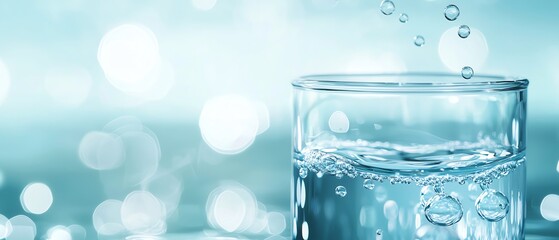 Close-up of a glass filled with clear water, featuring bubbles rising in a soft blue background, perfect for refreshing visuals.
