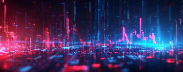 Fototapeta premium Abstract digital landscape showcasing vibrant blue and red light trails representing data visualization and technology.