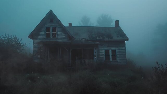A chilling exploration of an old, deserted house enveloped in dense fog, revealing its haunting charm and forgotten history, halloween mood