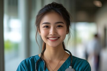 Obraz premium Happy Asian nursing student at medical university looking at camera, Generative AI
