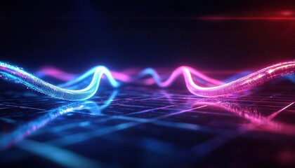 Abstract glowing digital infinity loop with red and blue neon light.
