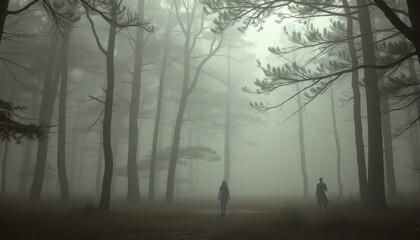 Obraz premium Two Figures Walking Through a Misty Forest.