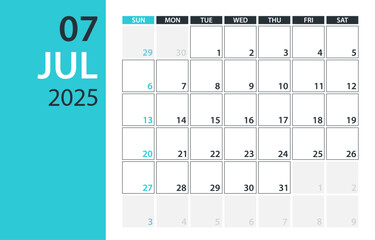 July 2025 Calendar Planner - vector illustration. Template. Mock up