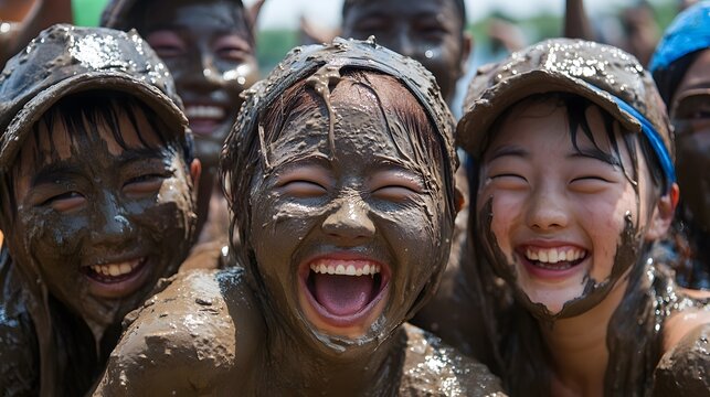 34. **The energetic and colorful celebrations of the Boryeong Mud Festival in South Korea, with people covered in mud**