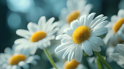 Delicate White Daisy Flowers Blooming in Lush Green Meadow on Sunny Summer Day