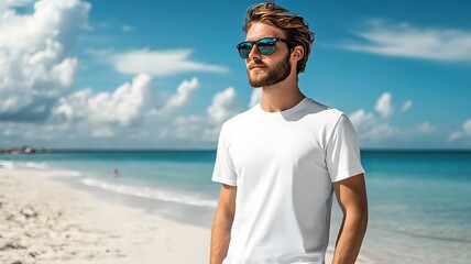 A model in a white t-shirt stands on the beach. Create mockup.