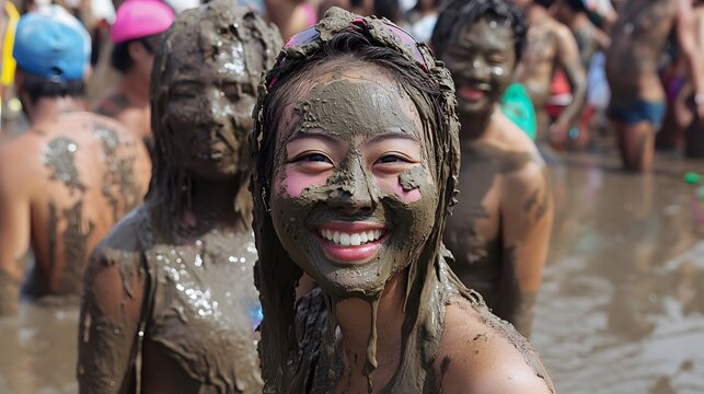 34. **The energetic and colorful celebrations of the Boryeong Mud Festival in South Korea, with people covered in mud**