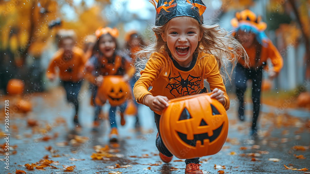 Wall mural happy children in halloween costumes playing with pumpkins on the street in the rain.