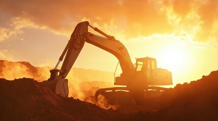 Excavator silhouetted against a vibrant sunset, working on a construction site.