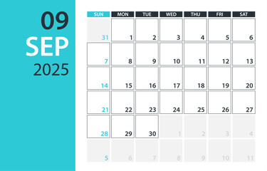 September 2025 Calendar Planner - vector illustration. Template. Mock up
