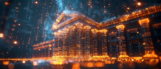 Fototapeta premium A neon orange digital classical building glows against a blue night sky. Intricate details evoke ancient architecture, resembling illuminated code.
