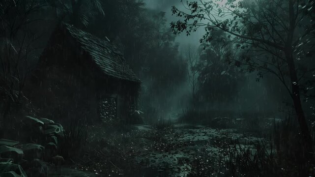 An unsettling view of a deserted cabin enveloped in mist, set in a dark, mysterious wooded area during nighttime, halloween mood