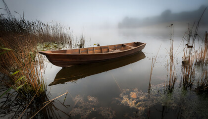 Obraz premium Weathered boat in a tranquil, fog-covered lake, partially submerged and surrounded by reeds, lily pads, and soft water ripples