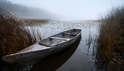 Obraz premium Partially sunken wooden boat in a serene, foggy lake, with reeds, lily pads, and soft ripples creating a peaceful atmosphere