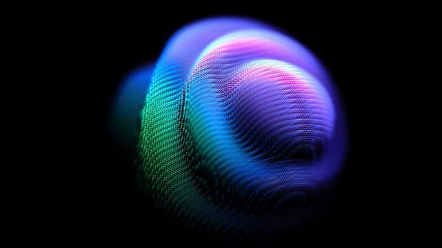 Bright 3D sphere with wavy pixelated surface on black background. Abstract concept of sound waves, artificial intelligence (AI) or big data. Looped 4K video of vibrant color digital music equalizer