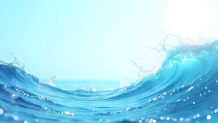 Blue ocean wave under a clear sunny sky in motion.