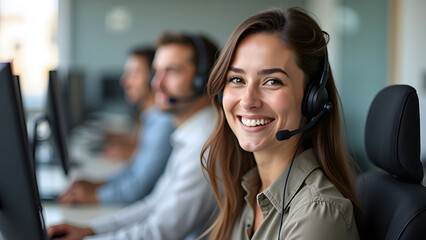 Woman with headset smiling at customer service desk