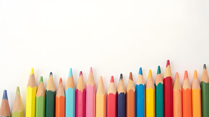 Colorful pencils arranged in a row with white background.