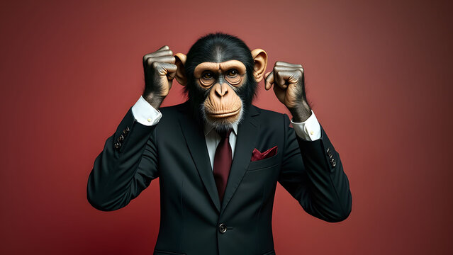 Business suit monkey pulling ears gesture, playful scene.