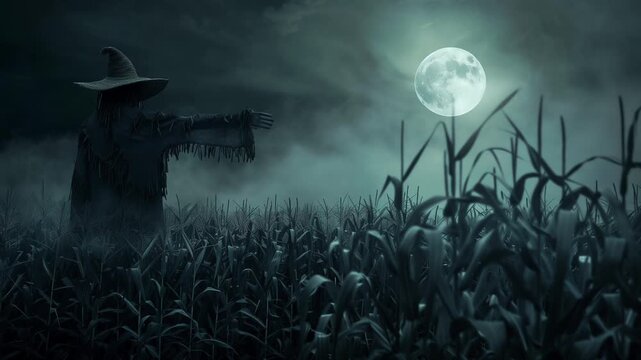 A solitary scarecrow stands in a dimly lit cornfield under the glowing full moon, creating an unsettling yet captivating ambiance, halloween mood