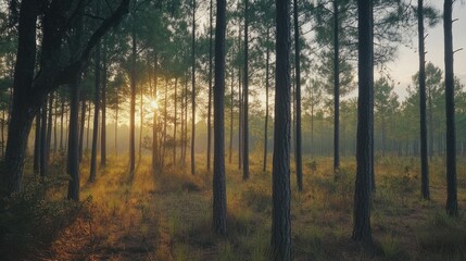 Obraz premium Sunlight Filtering Through Dense Pine Forest
