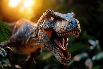 Obraz premium Close-up of a roaring dinosaur with sharp teeth in a jungle setting, illuminated by dramatic sunlight in the background.