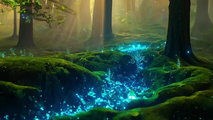 fantasy magical fairy forest path with bioluminescent moss and ancient trees - Powered by Adobe