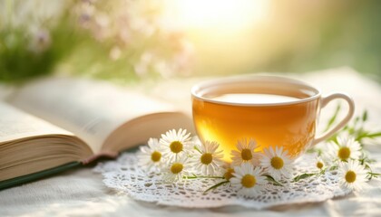 Fototapeta premium A cup of tea with chamomile flowers and an open book on a table.