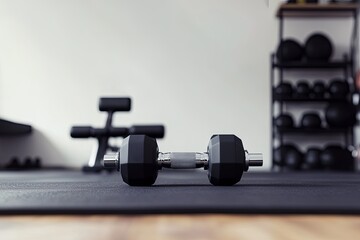 Dumbbells resting on a gym mat in a bright training space with equipment in the background