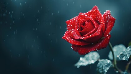 Single red rose with raindrops on a dark background.