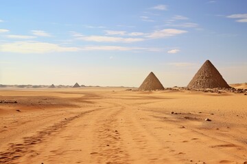 Desert landscape with the pyramids on the horizon.