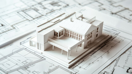 Architectural House Model on Blueprint ..