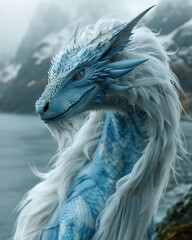 Close-up Of Blue Dragon, Digital Art, Fantasy Creature, Intricate Details, Mystical Design, Vibrant Colours, Fierce Expression, Mythical Atmosphere.
