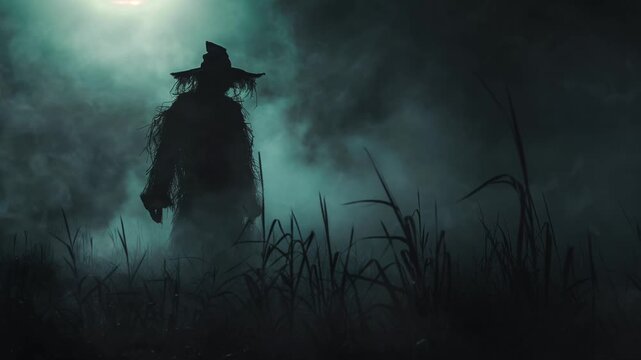 A scarecrow looms ominously in a misty field under a ghostly light, creating a haunting atmosphere for onlookers, halloween mood