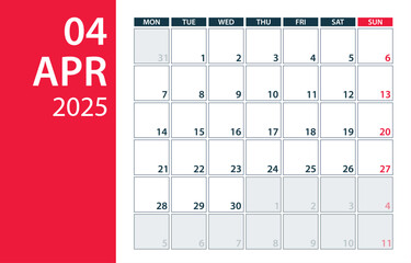 April 2025 Calendar Planner - vector illustration. Template. Mock up