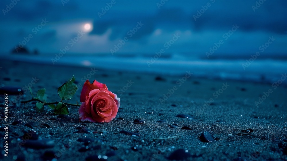 Sticker On a quiet black-sand beach at night, a rose flower blooms, its vibrant color contrasting with the dark sand.