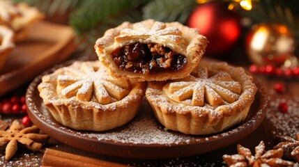 Mince pies filled with spiced fruit mincemeat, a traditional Christmas dessert.